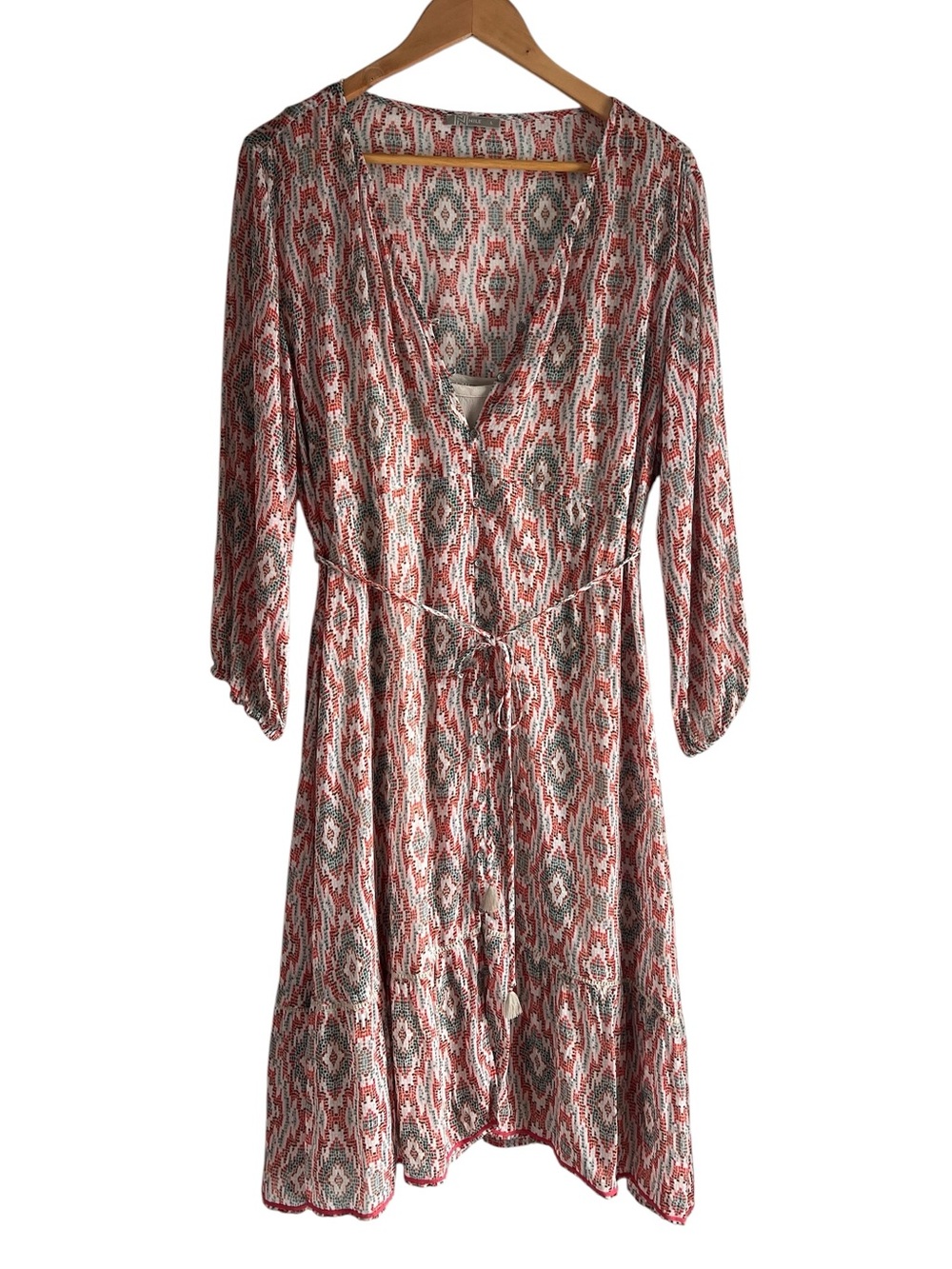Nile Aztec print chiffon tie waist long sleeve dress size L like new condition